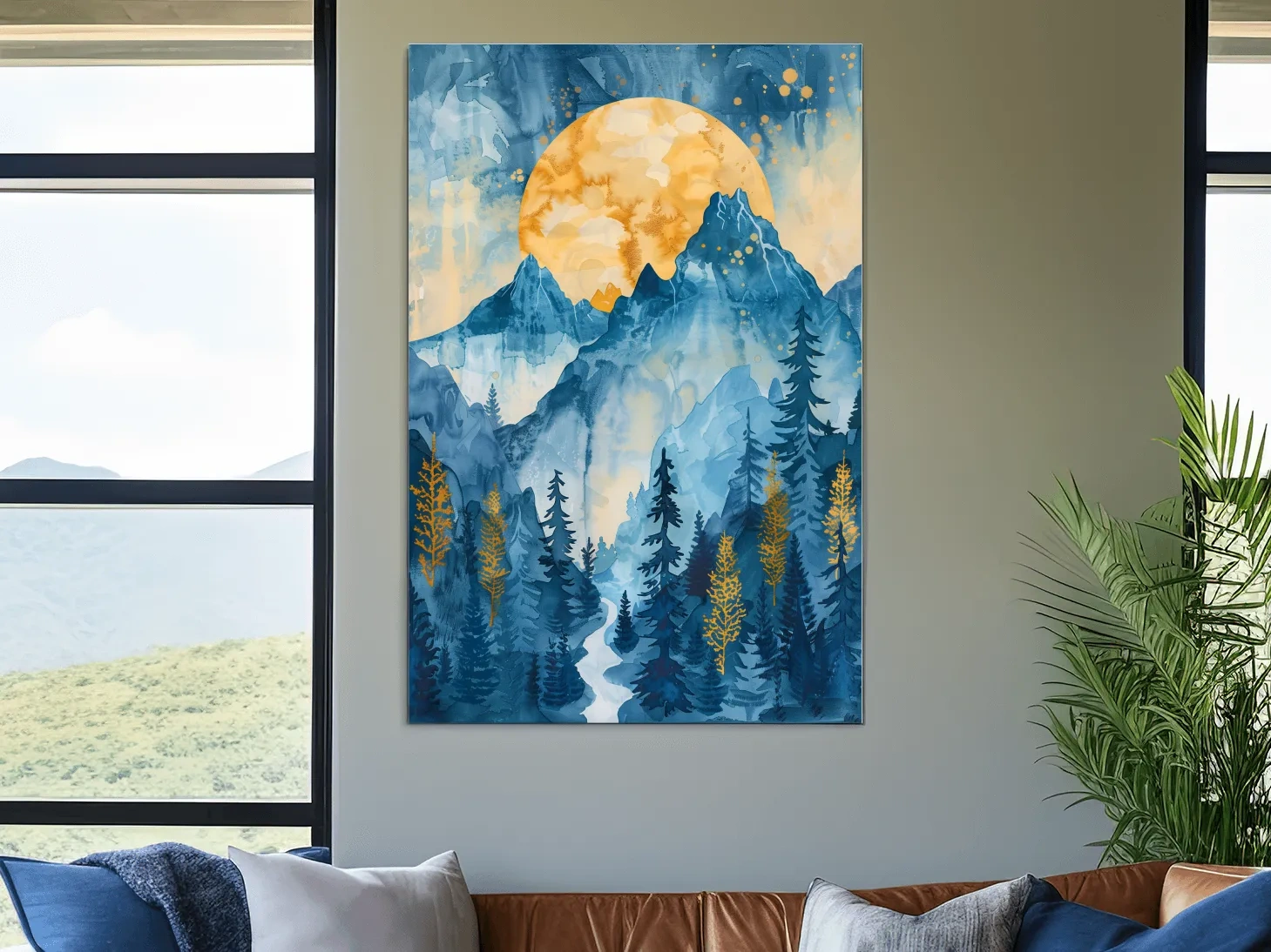 Alpine Sunset Watercolor Painting - Mountain Forest Landscape Wall Art