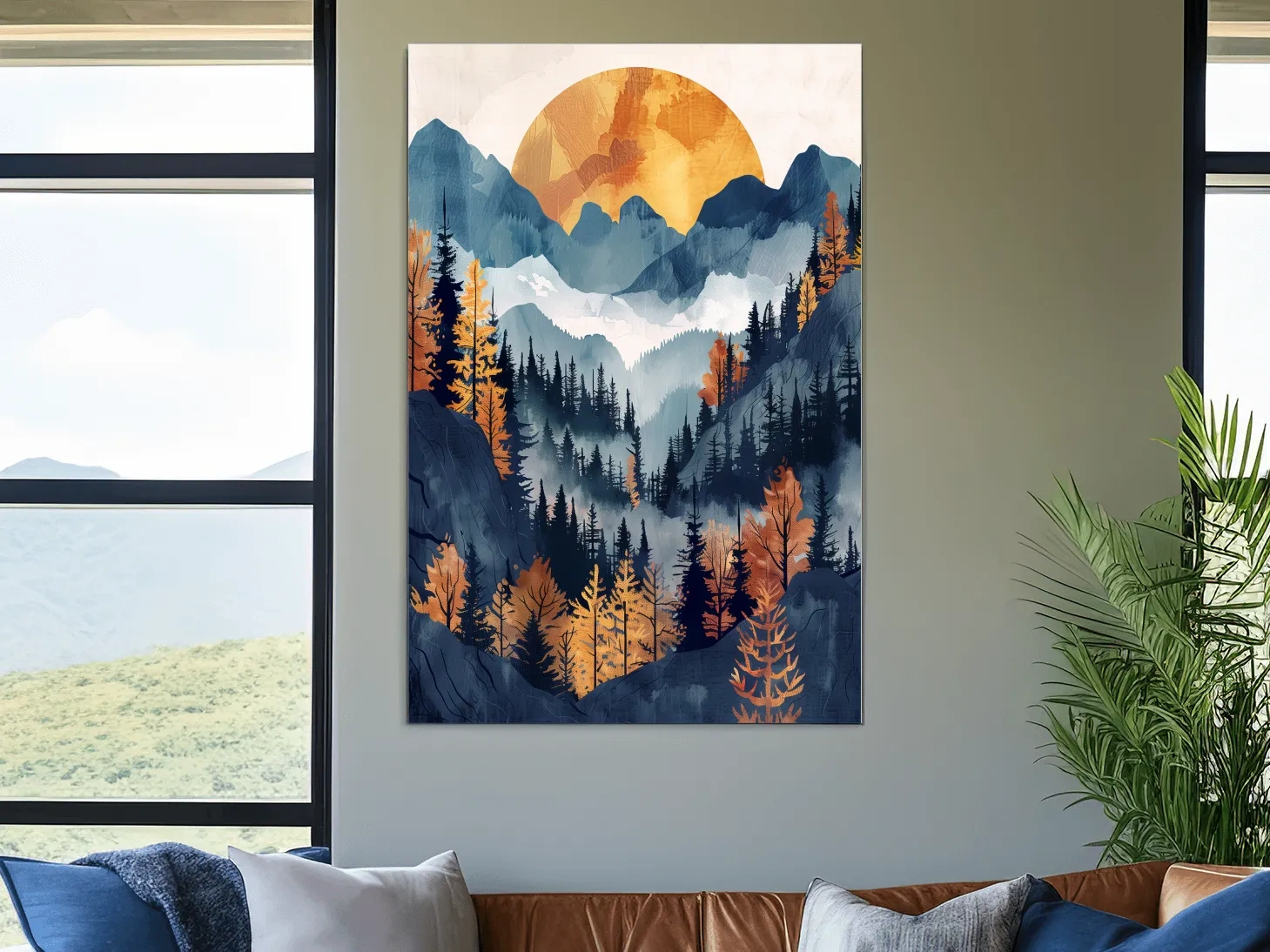 Foggy Autumn Alpine Forest Sunset - Modern Watercolor Mountain Wall Art