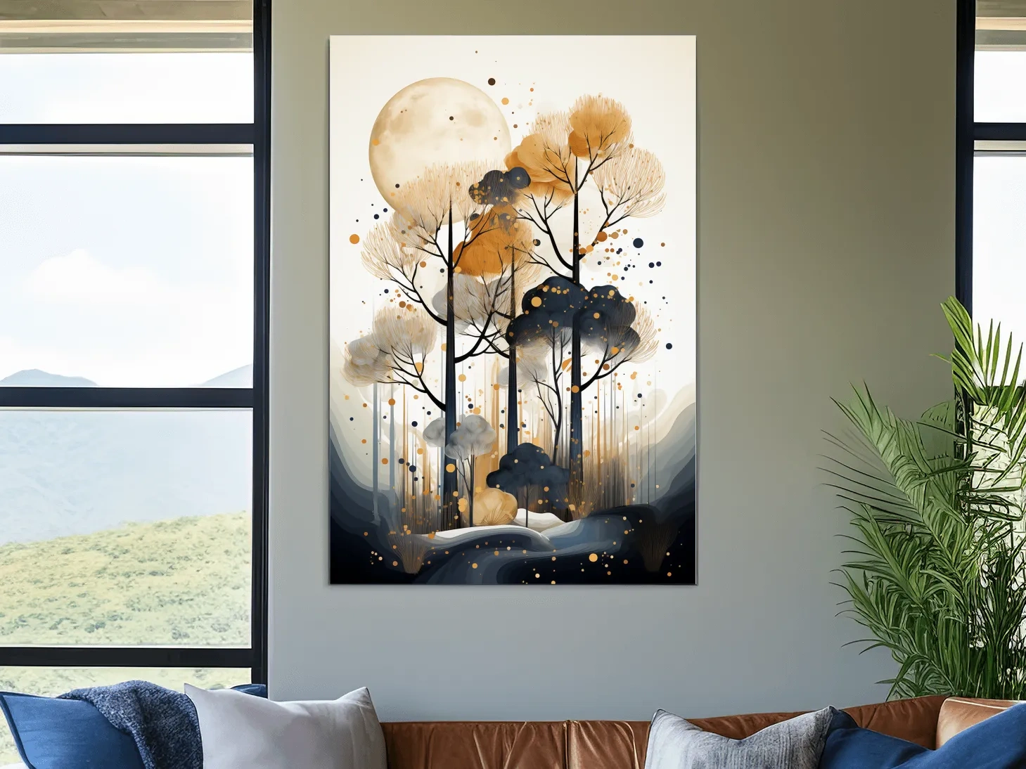 Surreal Chic Moonlit Boho Forest Illustration - Modern Botanical Wall Art