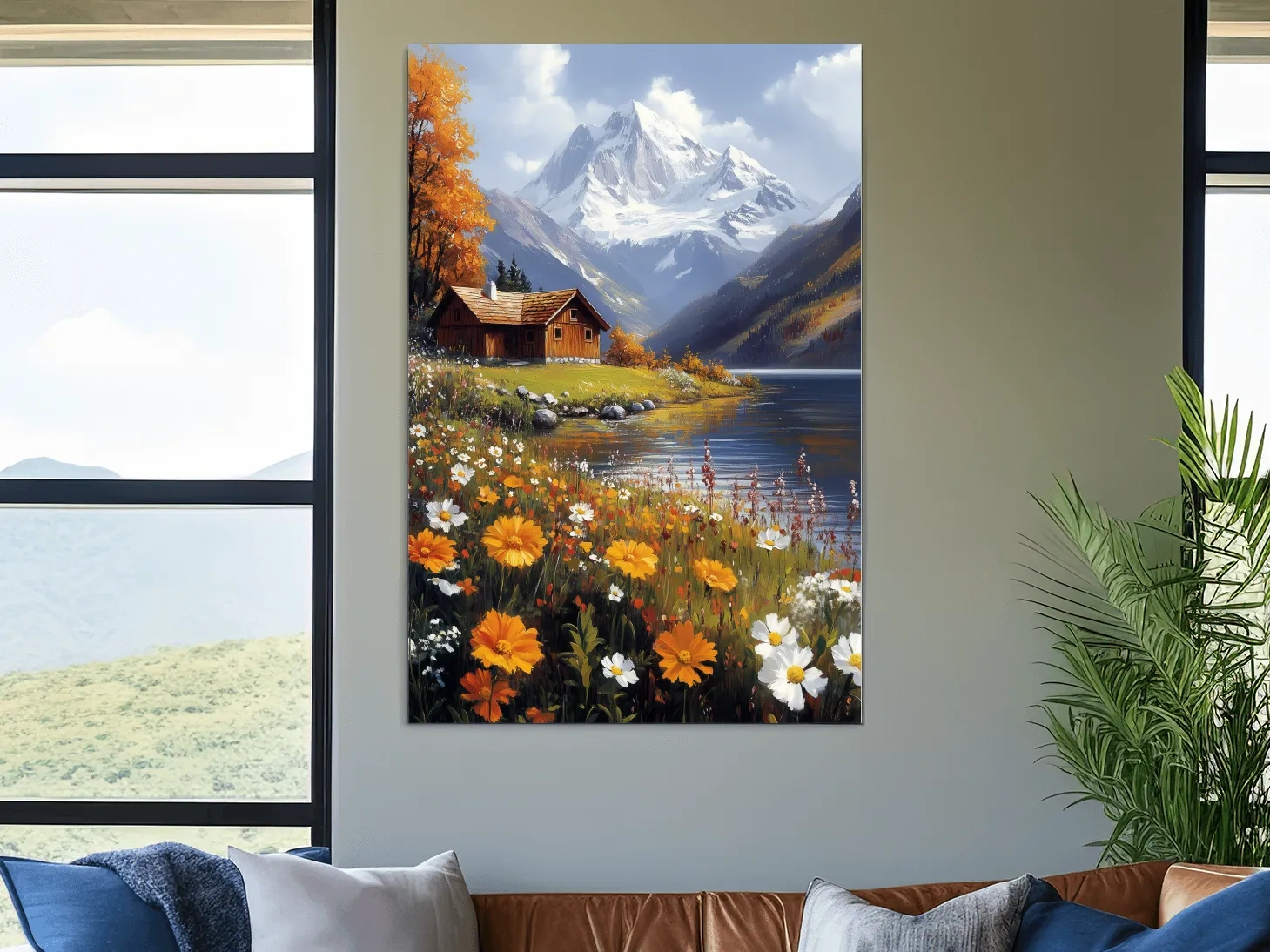 Autumn Alpine Lake Cabin Impressionist Painting - Snowcapped Mountain Wildflower Wall Art