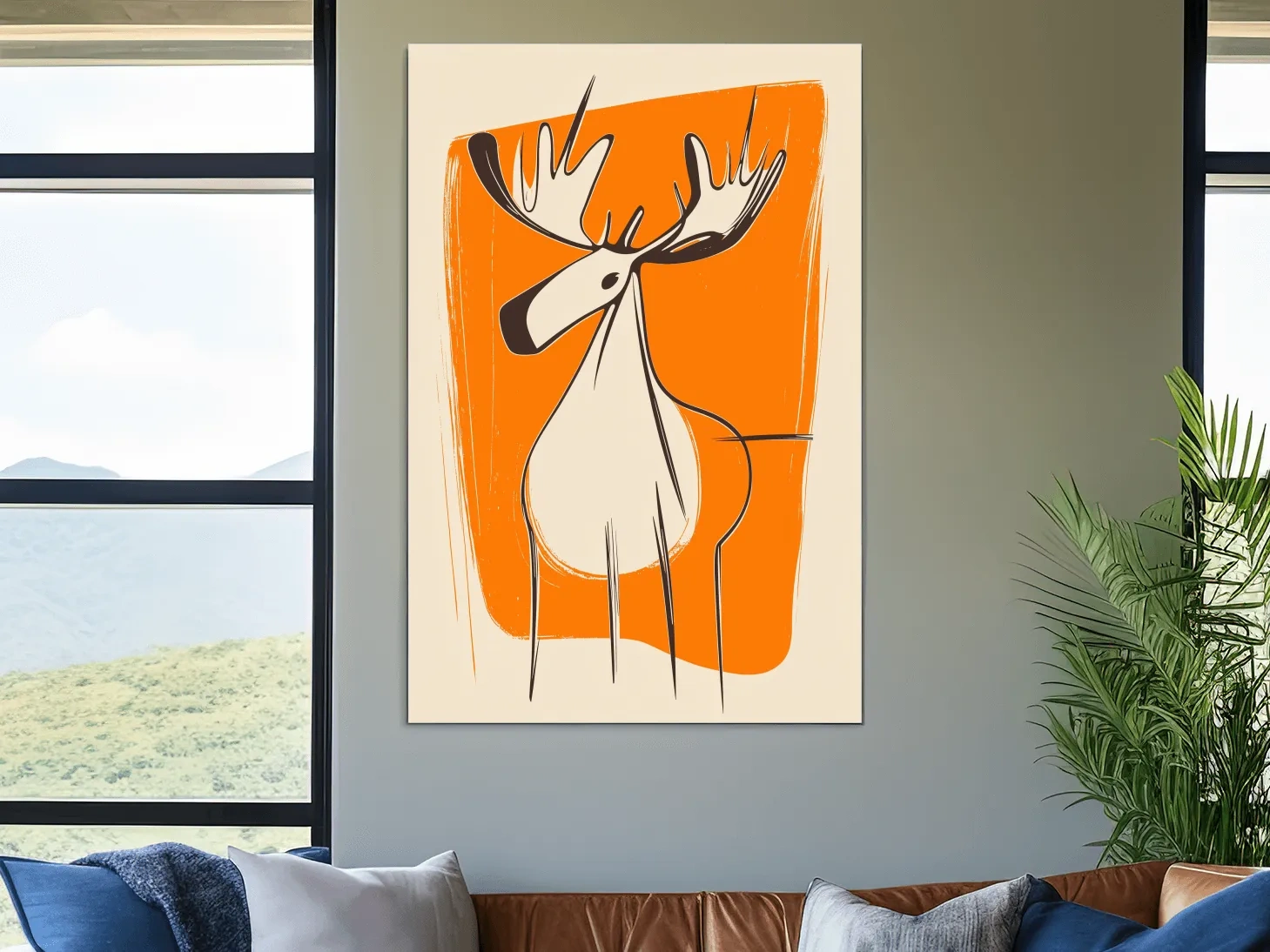 Mid-Century Minimalist Moose Caricature Illustration - Modern Wildlife Wall Art
