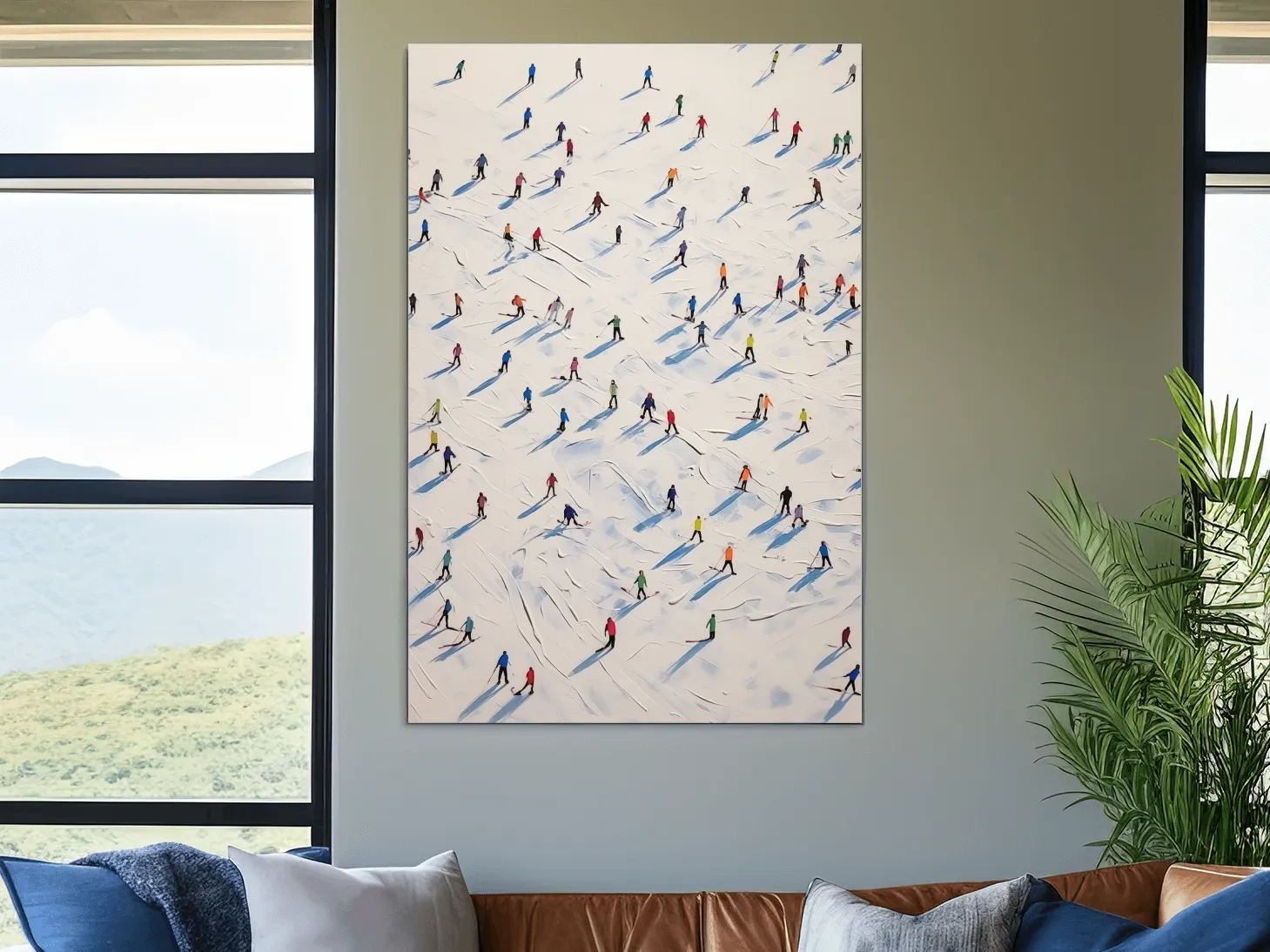 Lots of little skiers in a ski resort, textured painting effect