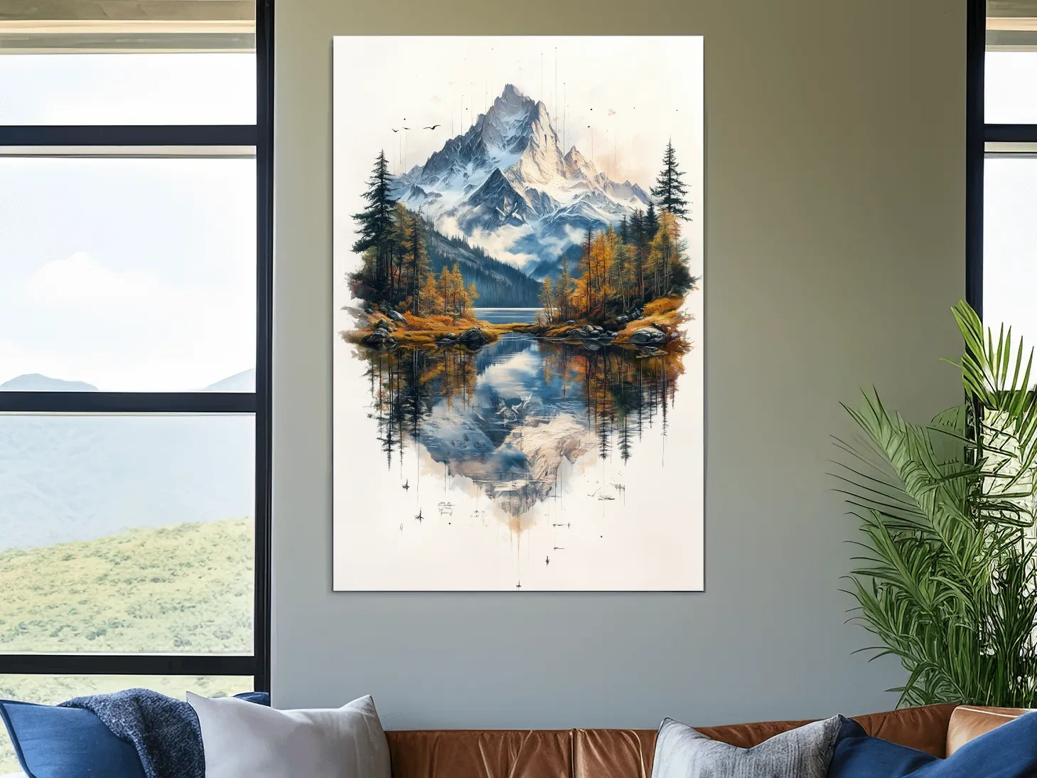Misty Alpine Mountain Lake Painting - Autumn Pine Forest Tattoo Style Wall Art