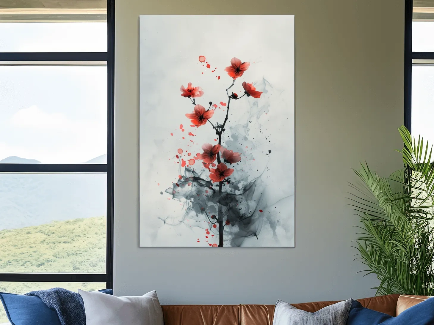 Red Cherry Blossom Ink Wash Painting - Minimalist Floral Wall Art