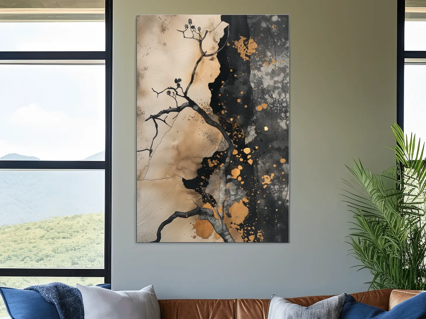 Ink Branch Silhouette With Gold Splatter - Modern Japandi Abstract Wall Art