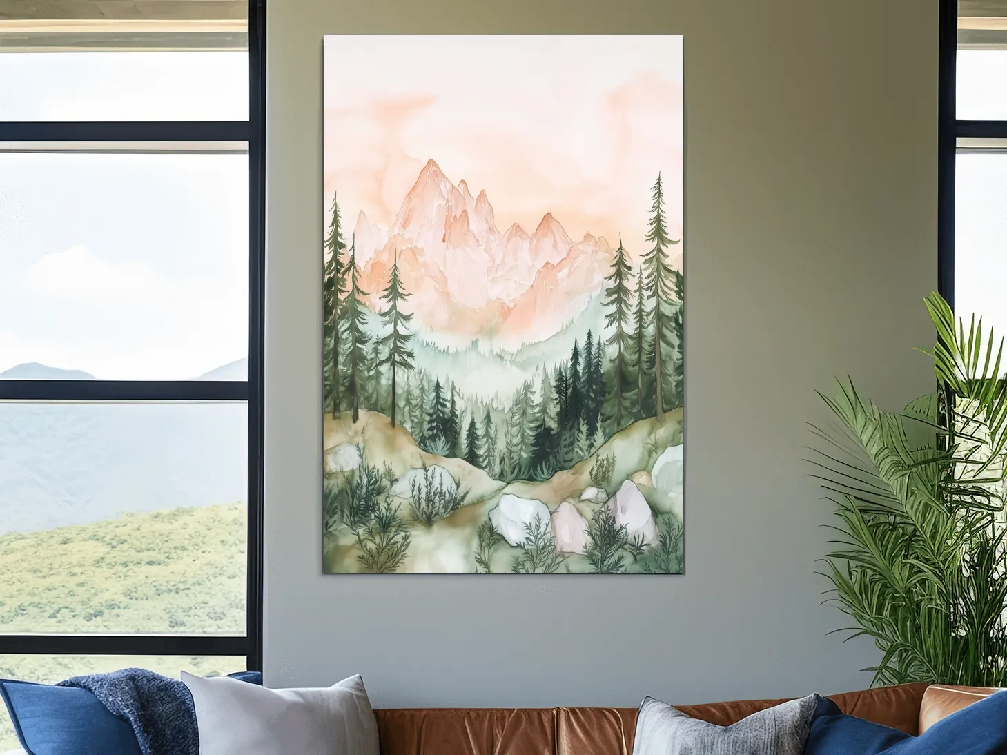 Pastel Watercolor Mountain Peaks & Pine Forest - Serene Alpine Landscape Artwork