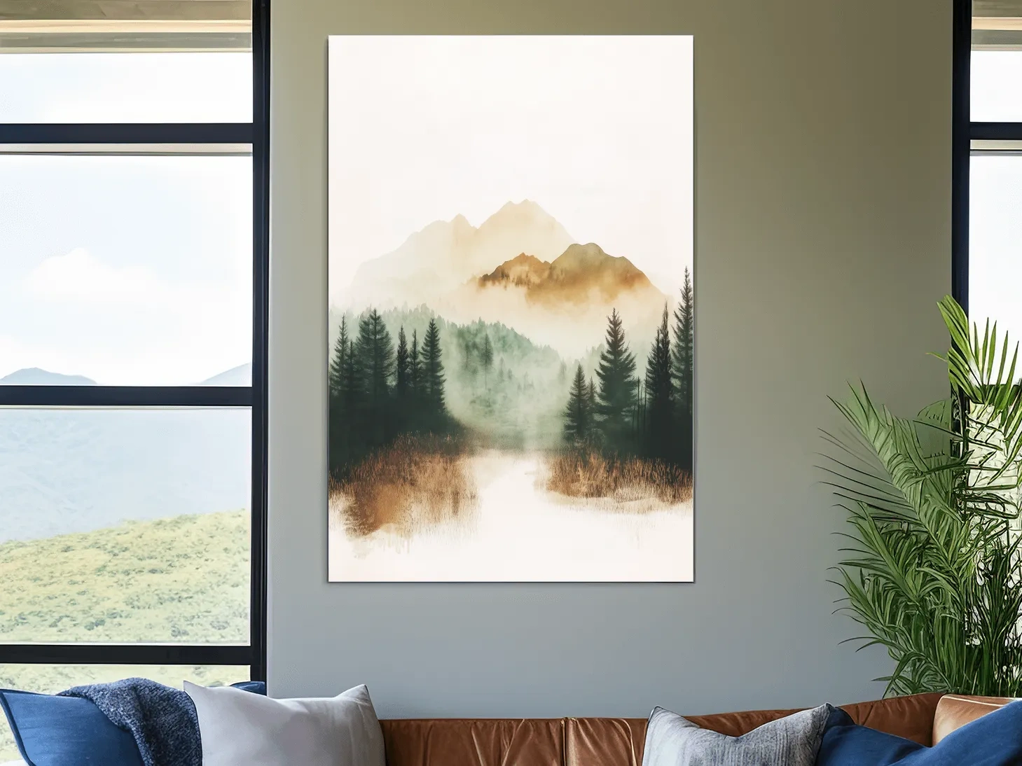 Misty Watercolor Mountain Lake & Pine Forest - Serene Nature Landscape Wall Art