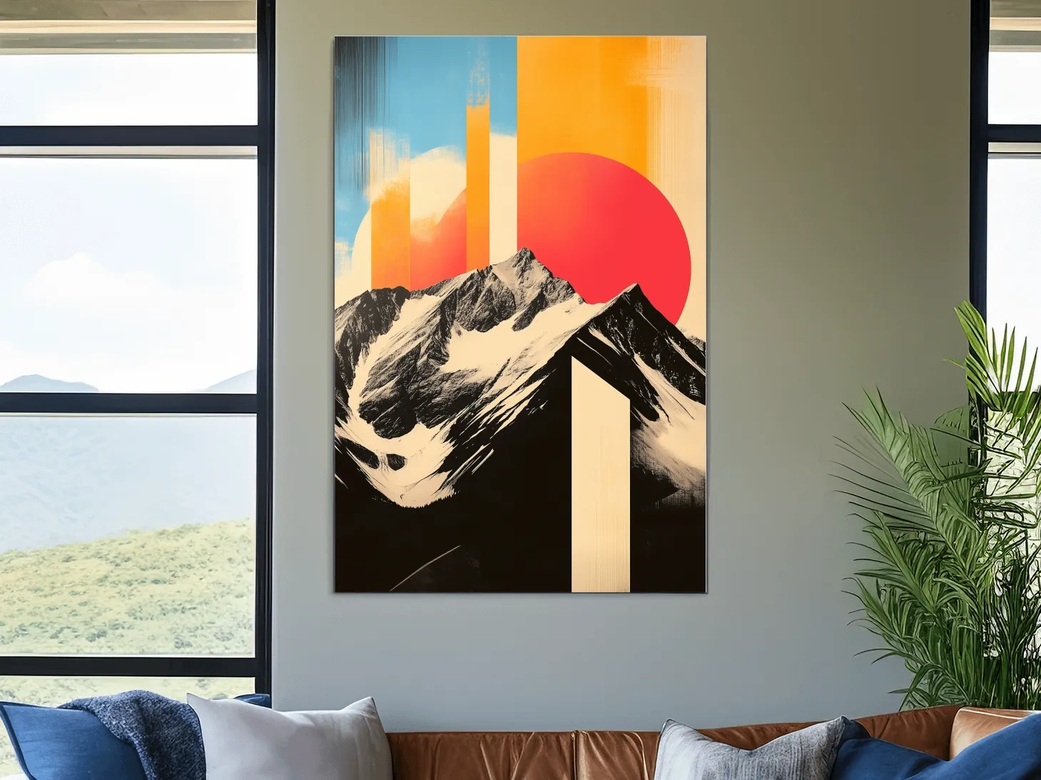 Retro Snowcapped Mountain Sunset Collage - Modern Geometric Landscape Wall Art