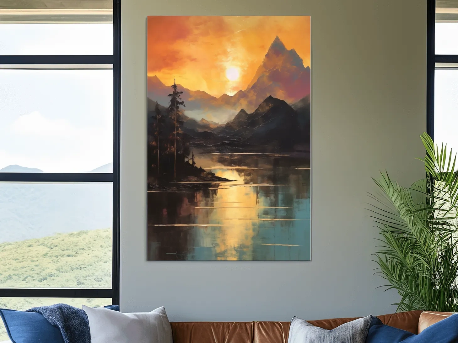 Golden Sunset Alpine Lake Reflection - Mountain Oil Painting Wall Art