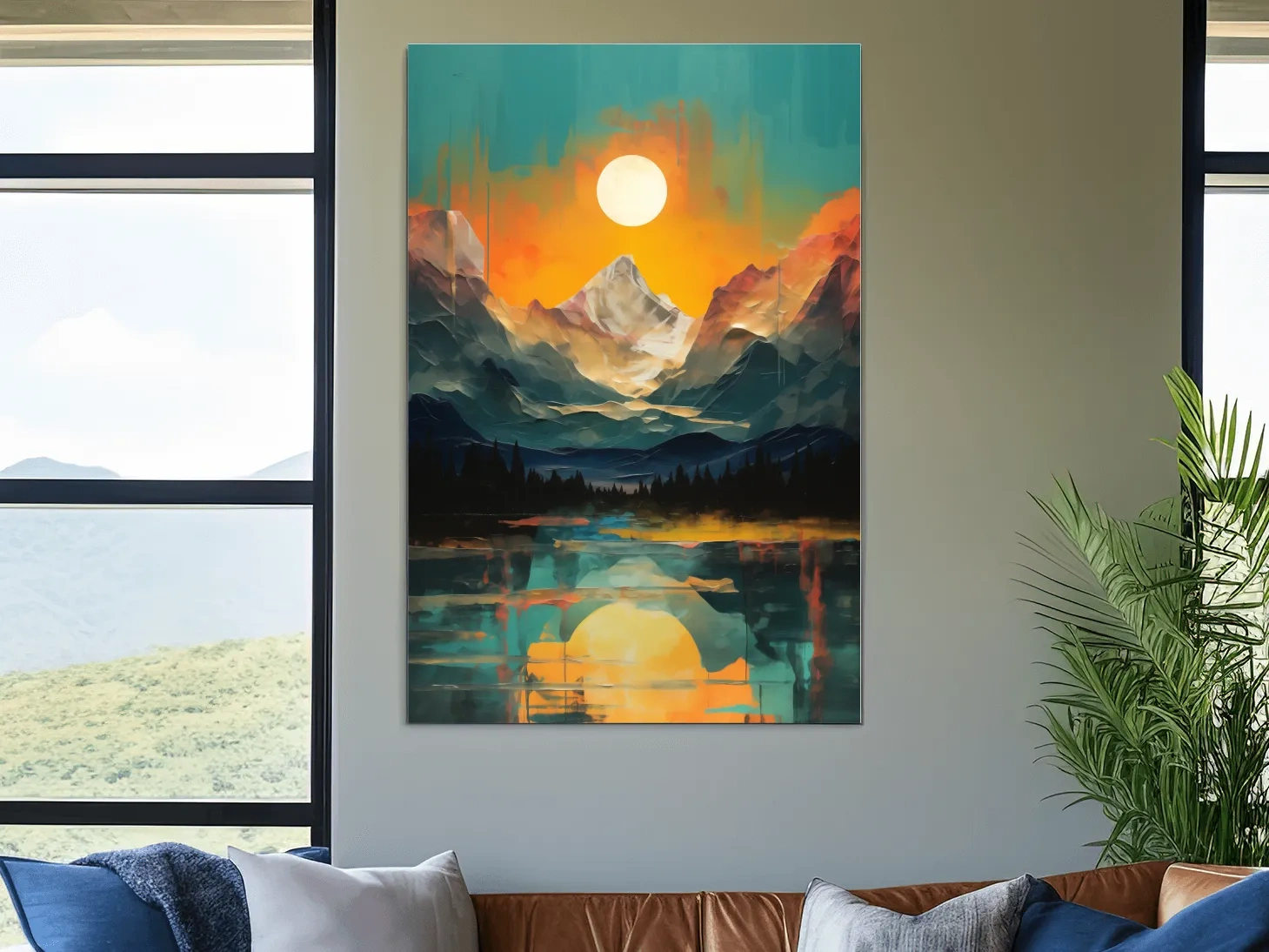 Vibrant Abstract Mountain Lake Sunset - Colorful Landscape Wall Art