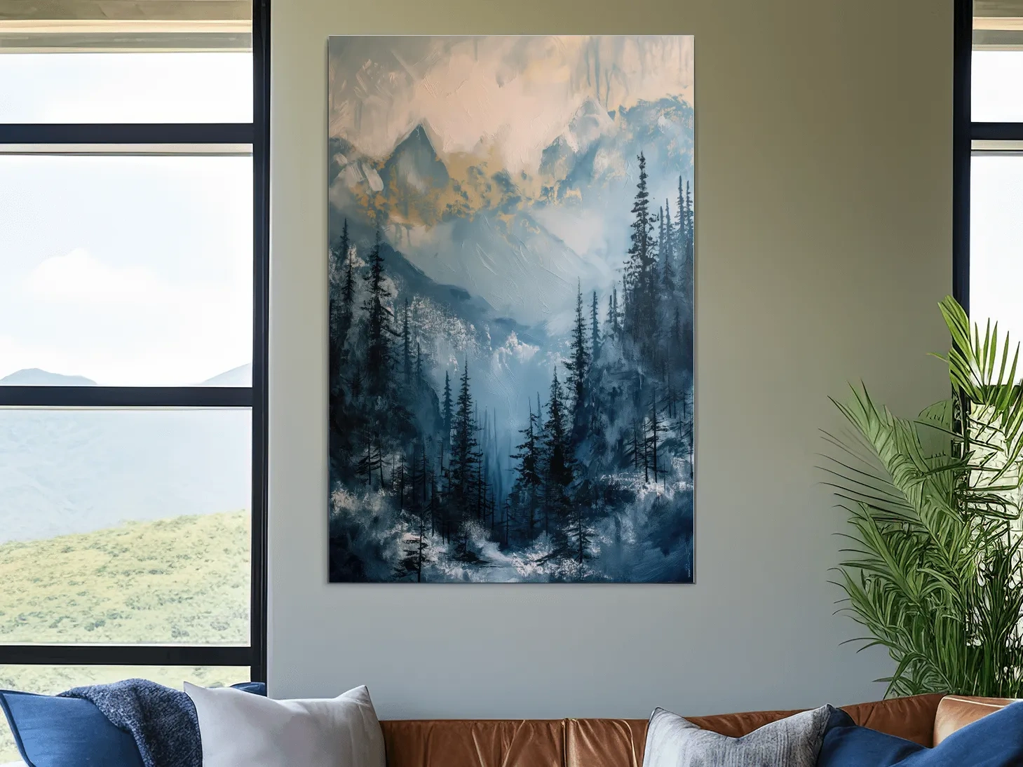 Moody Misty Blue Mountain Forest Painting - Alpine Landscape Wall Art