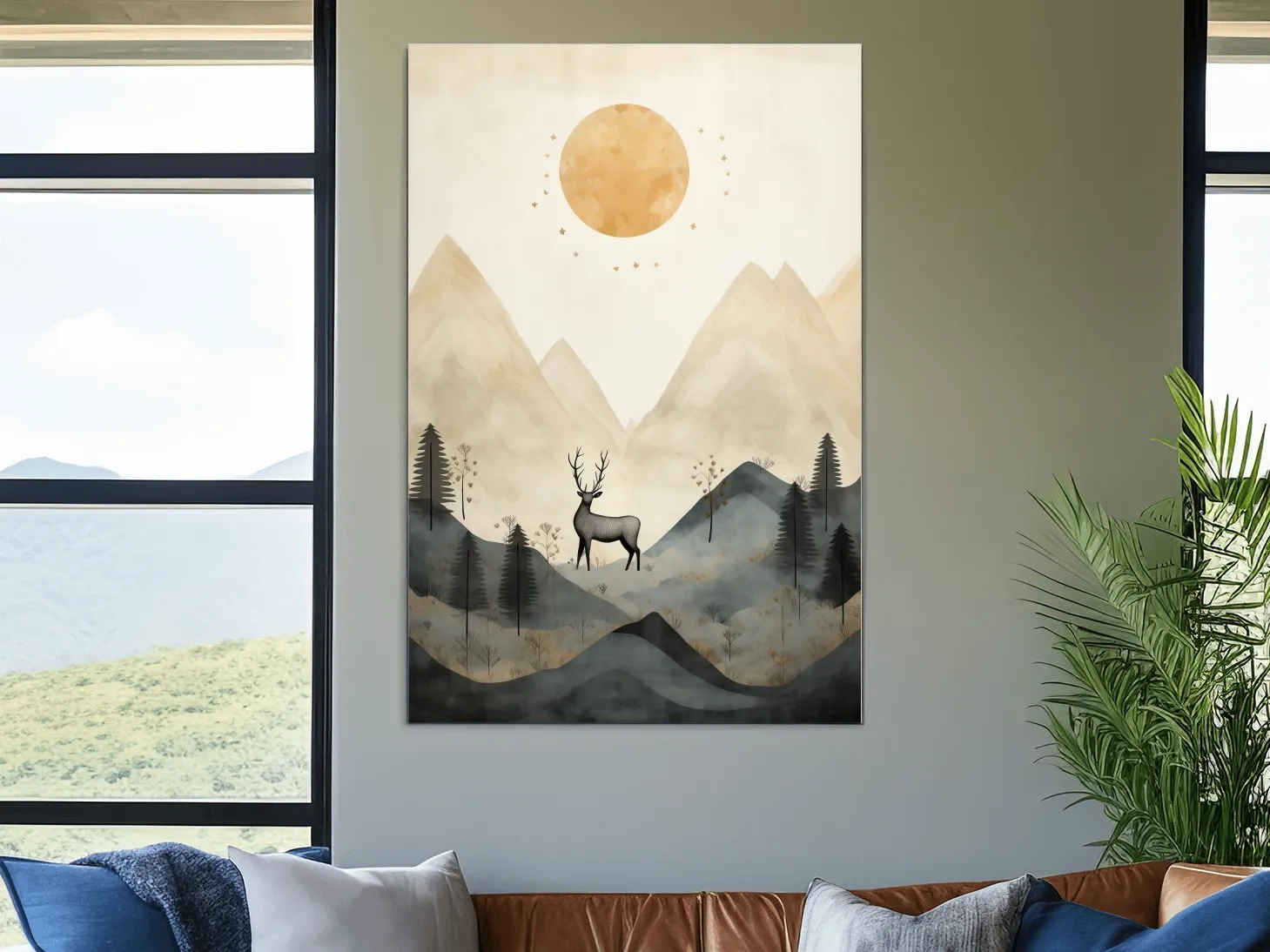 Boho Deer In Misty Mountains - Woodland Landscape Wall Art