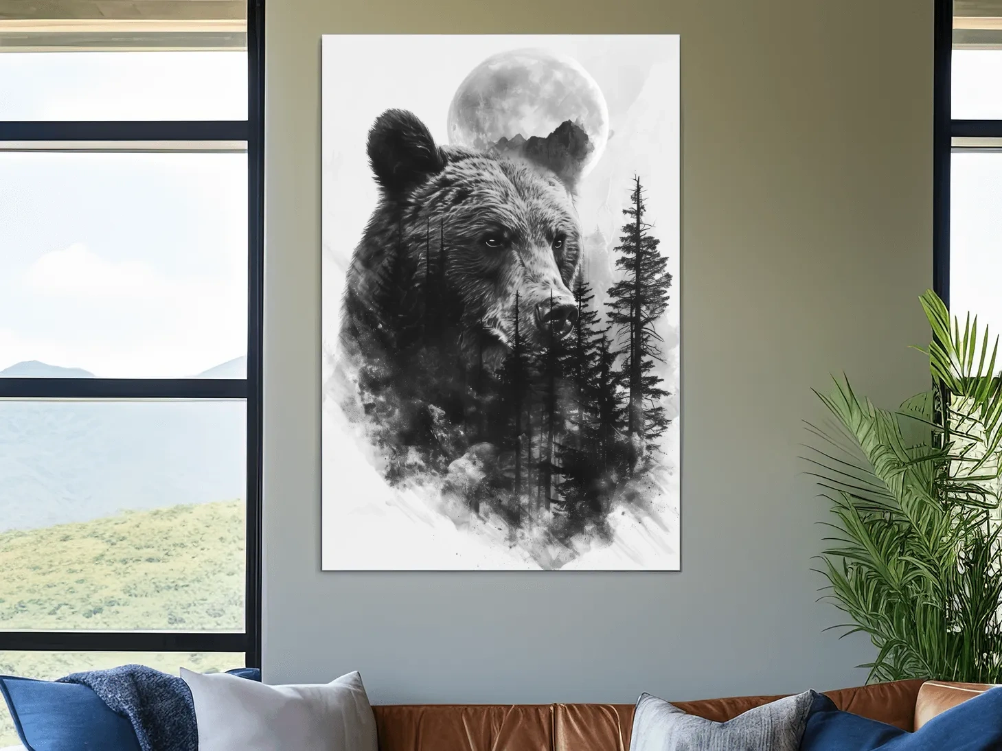 Grizzly Bear Moon Forest Drawing - Black And White Double Exposure Wildlife Wall Art