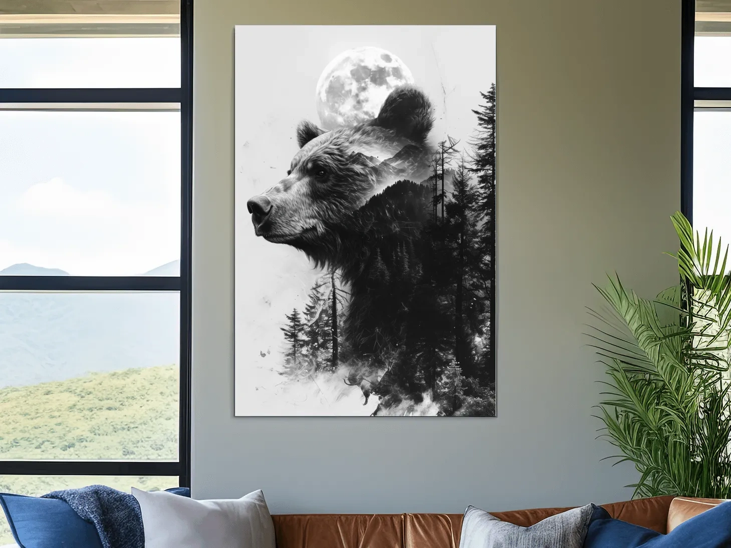 Grizzly Bear Double Exposure Drawing - Moonlit Pine Forest Wildlife Wall Art