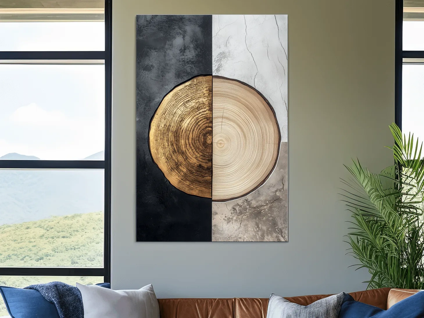 Split Marble And Charcoal Wood Slice - Modern Rustic Tree Ring Wall Art