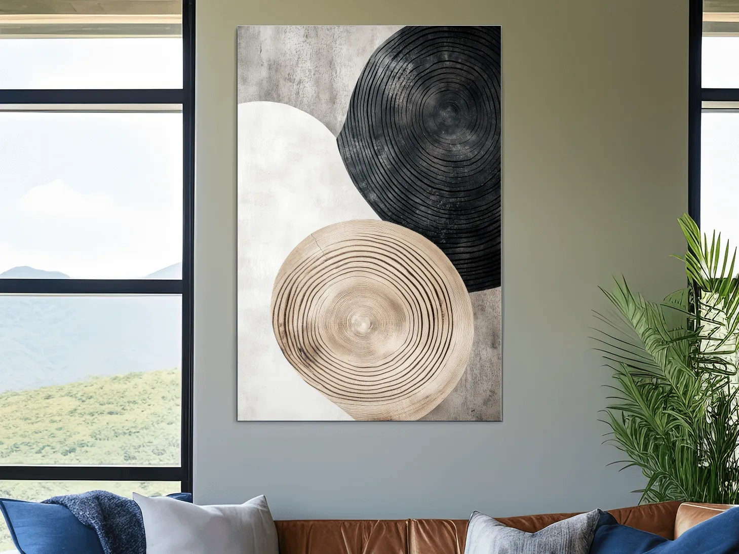 Minimalist Black Beige Wood Grain Circles - Modern Rustic Wall Art