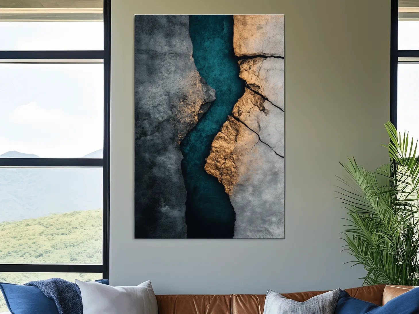 Teal River Canyon With Cracked Stone Texture - Modern Abstract Geode Wall Art