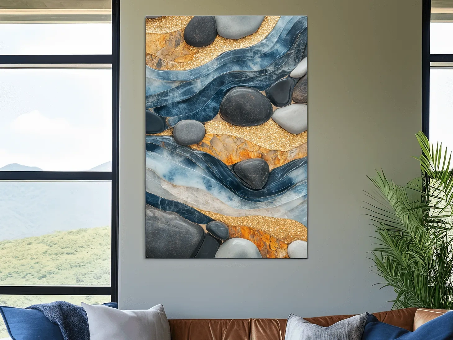 Abstract Blue River Stone Mosaic - Modern Pebble Texture Wall Art