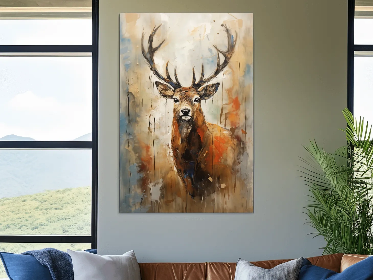 Deer buck painting, rustic impasto effect