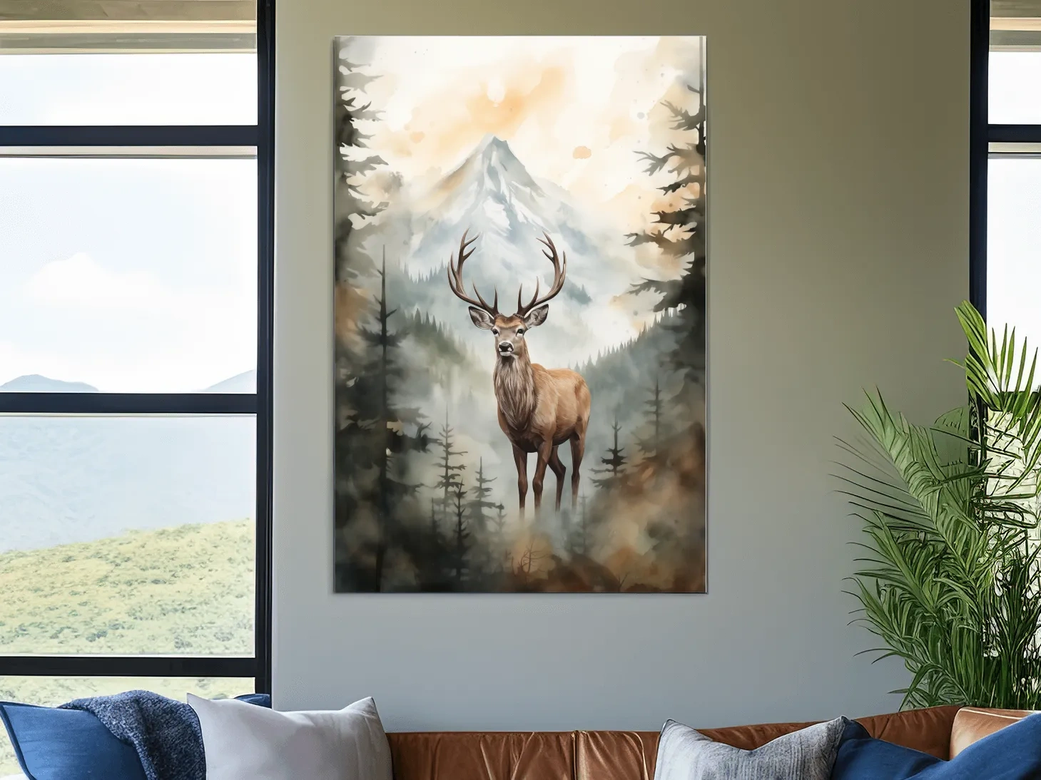 Watercolor Stag In Misty Mountain Forest - Serene Wildlife Wall Art
