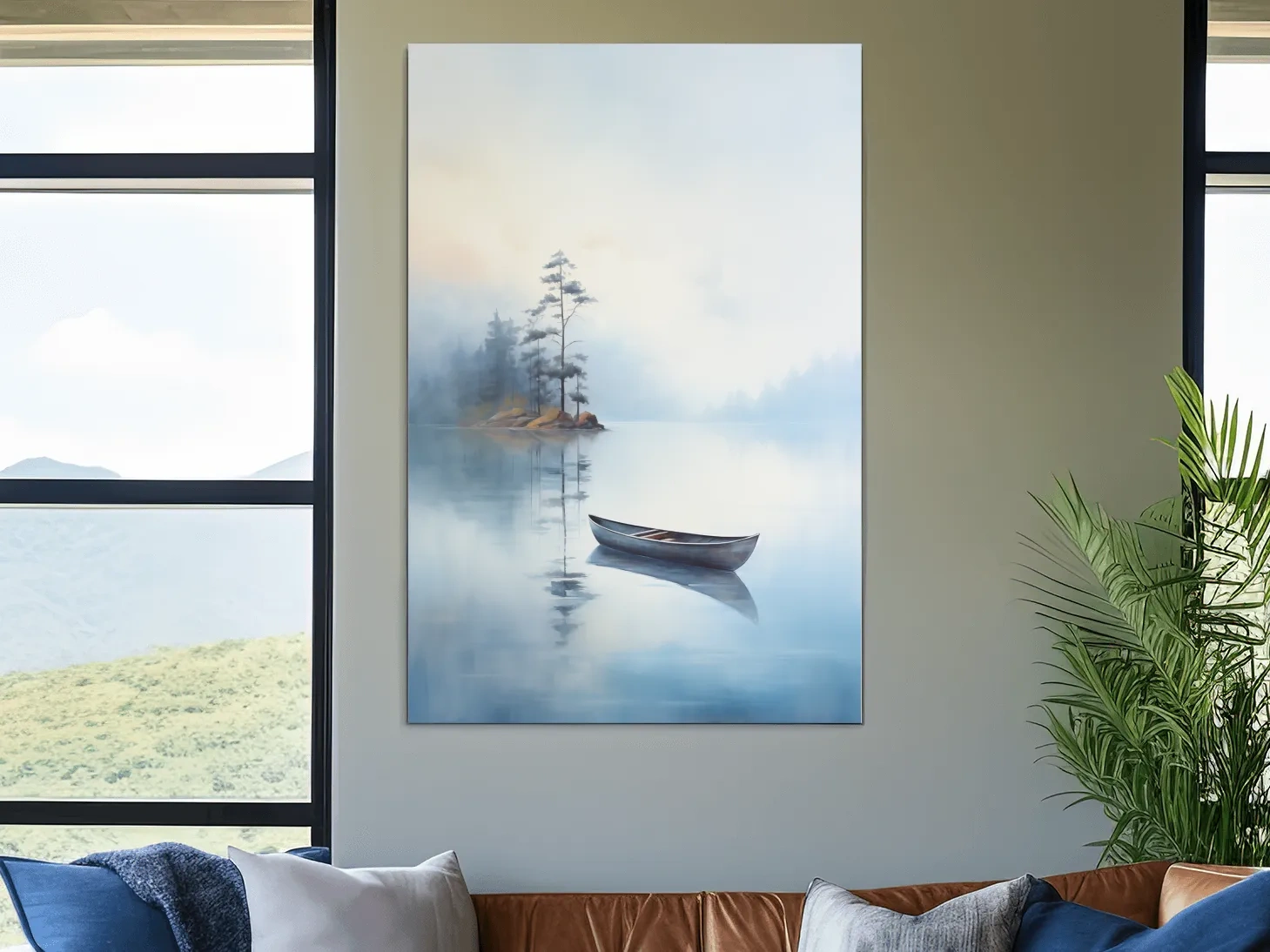 Misty Lake Canoe Painting - Serene Minimalist Watercolor Wall Art