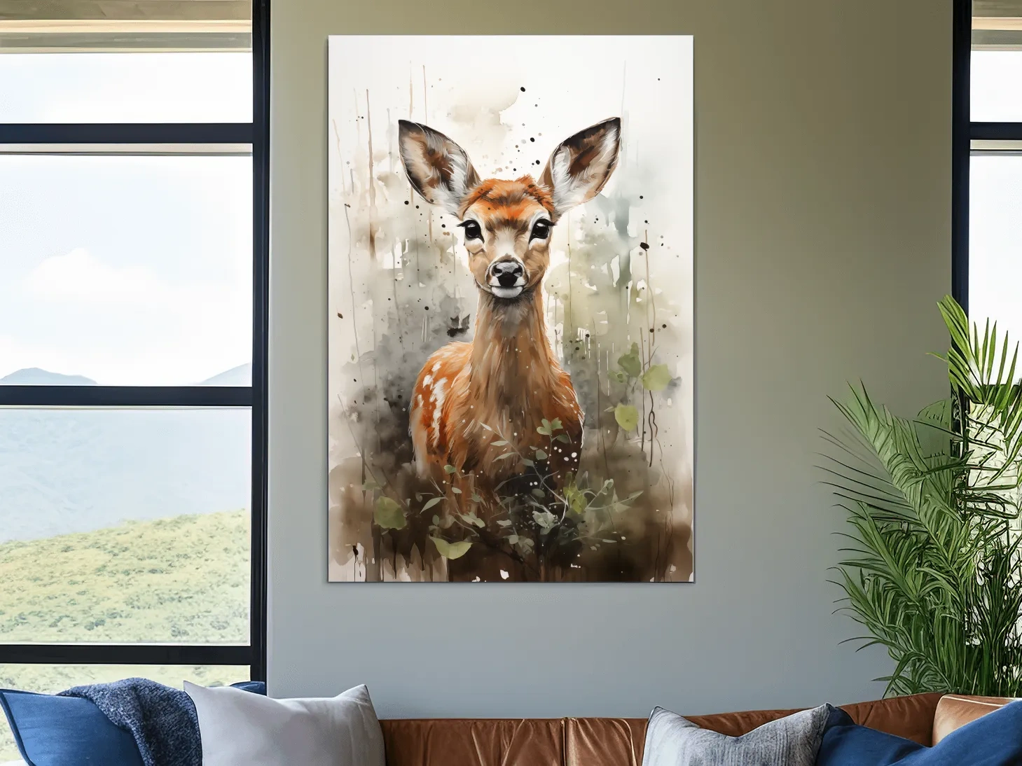 Watercolor fawn wall art, delicate forest setting artwork