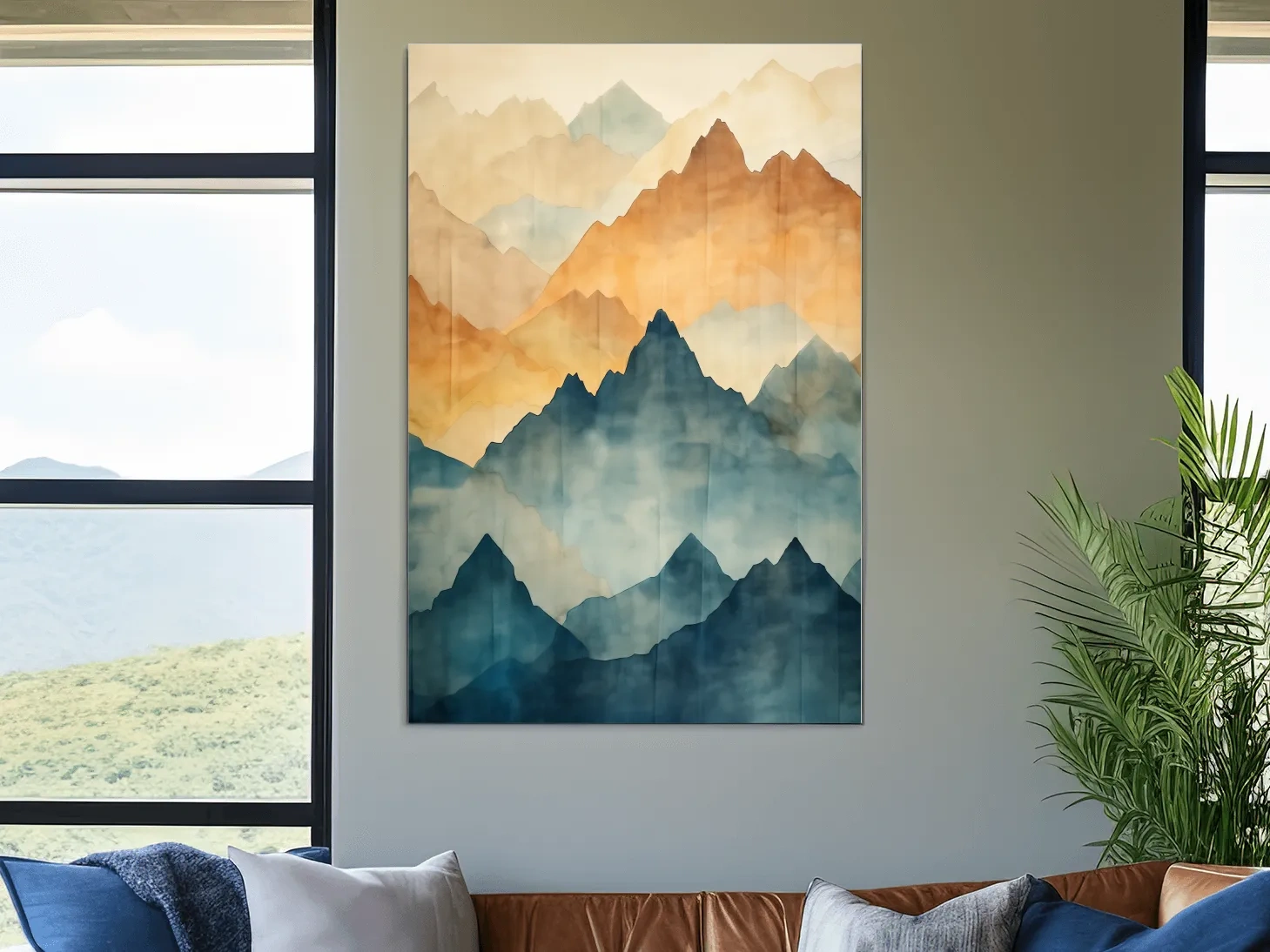 Foggy Layered Mountain Watercolor Landscape - Abstract Wall Art