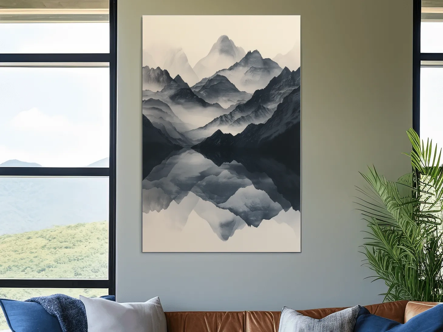 Monochrome Misty Mountain Reflection Landscape - Minimalist Japandi Wall Art