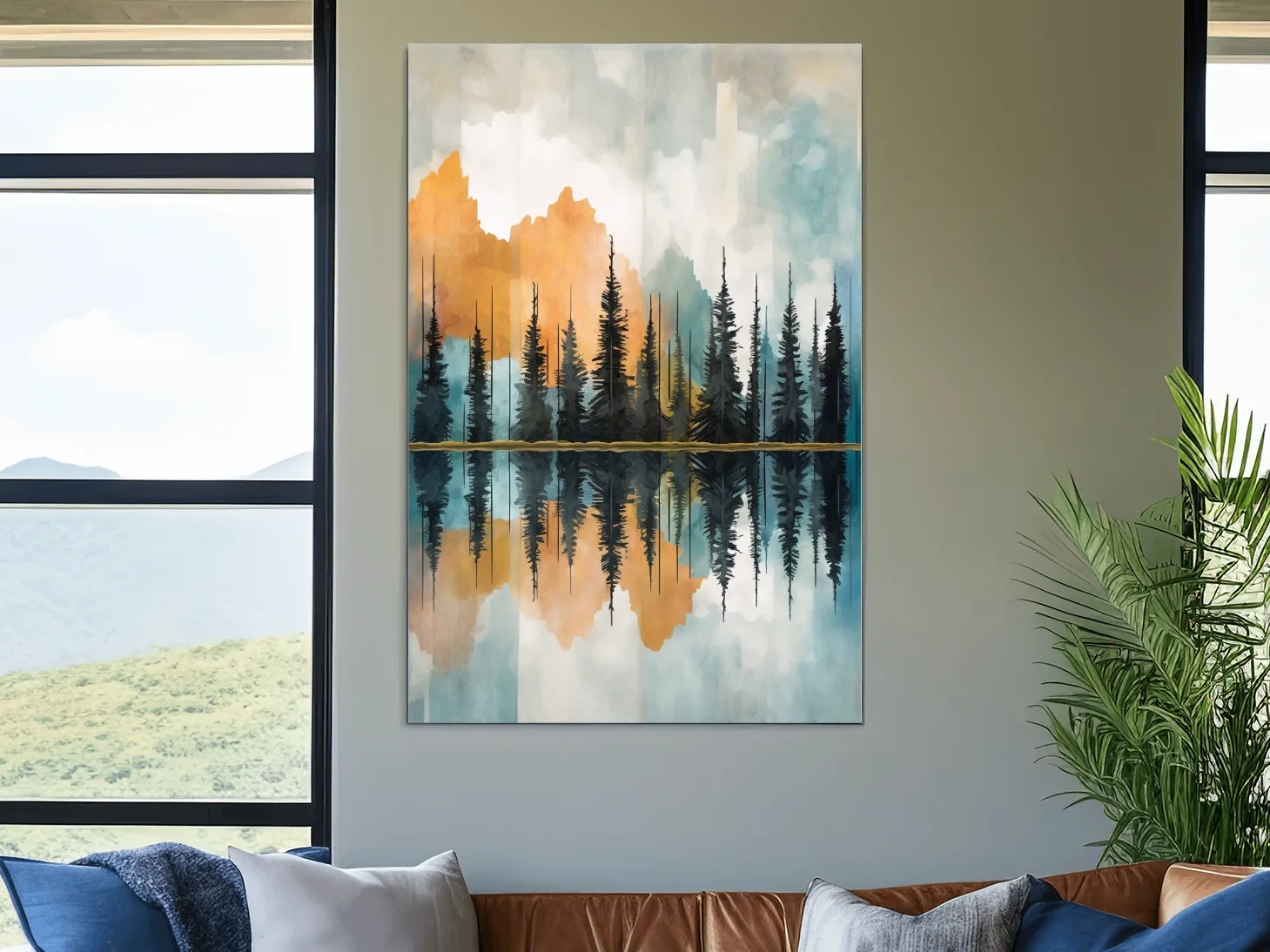 Abstract Watercolor Mountain Lake Reflection - Alpine Forest Landscape Artwork