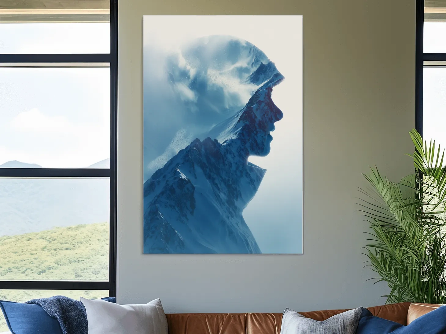Double exposure skier and alpine mountain photography artwork