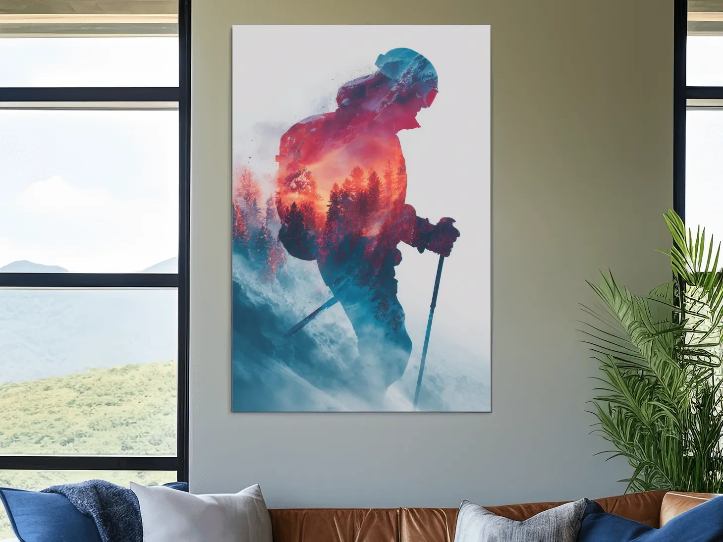 Double Exposure Skiier Silhouette Forest Sunset - Adventure Mountain Landscape Artwork