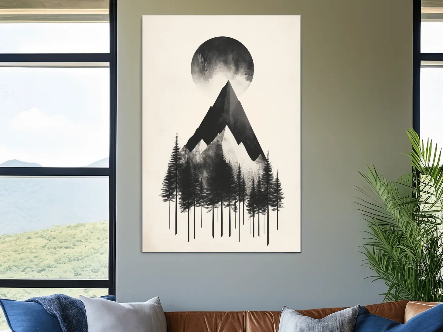 Minimalist Monochrome Mountain Peak & Pine Forest - Modern Scandinavian Style Wall Art