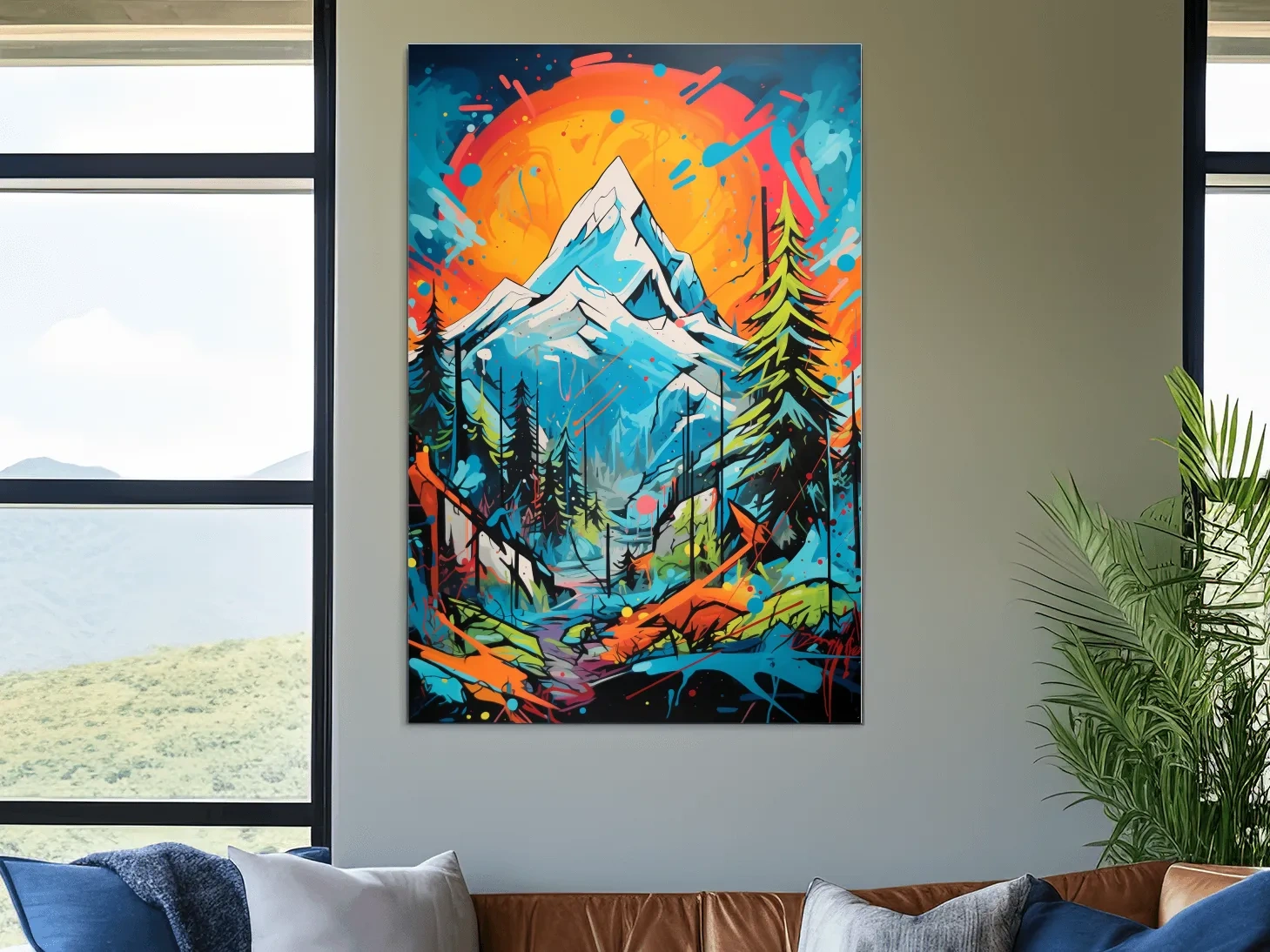 Vibrant Abstract Mountain Sunset Graffitti Painting - Colorful Pop Art Alpine Wall Art