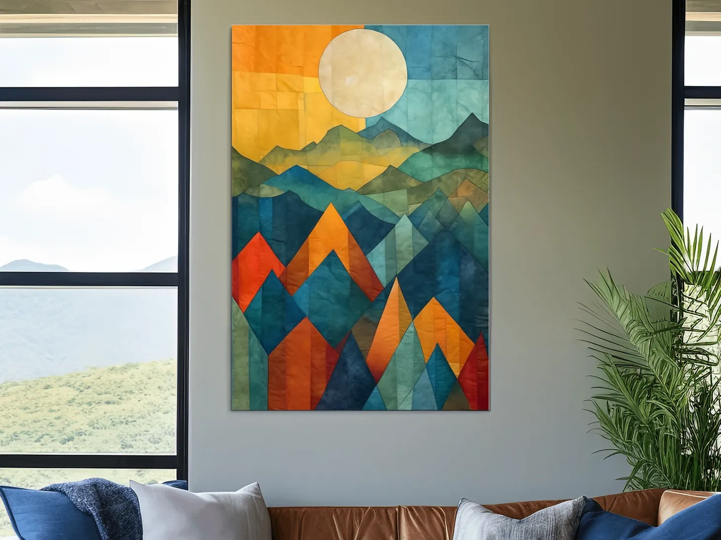 Geometric Patchwork Sunlit Mountain Range Painting - Colorful Abstract Alpine Wall Art