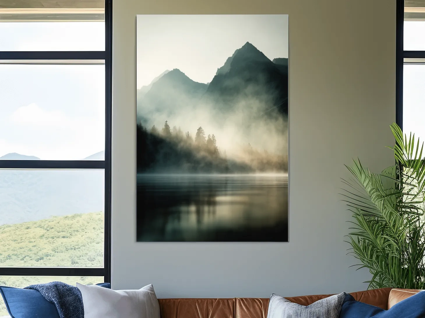 Moody Misty Mountain Lake Landscape - Serene Foggy Pine Forest Wall Art