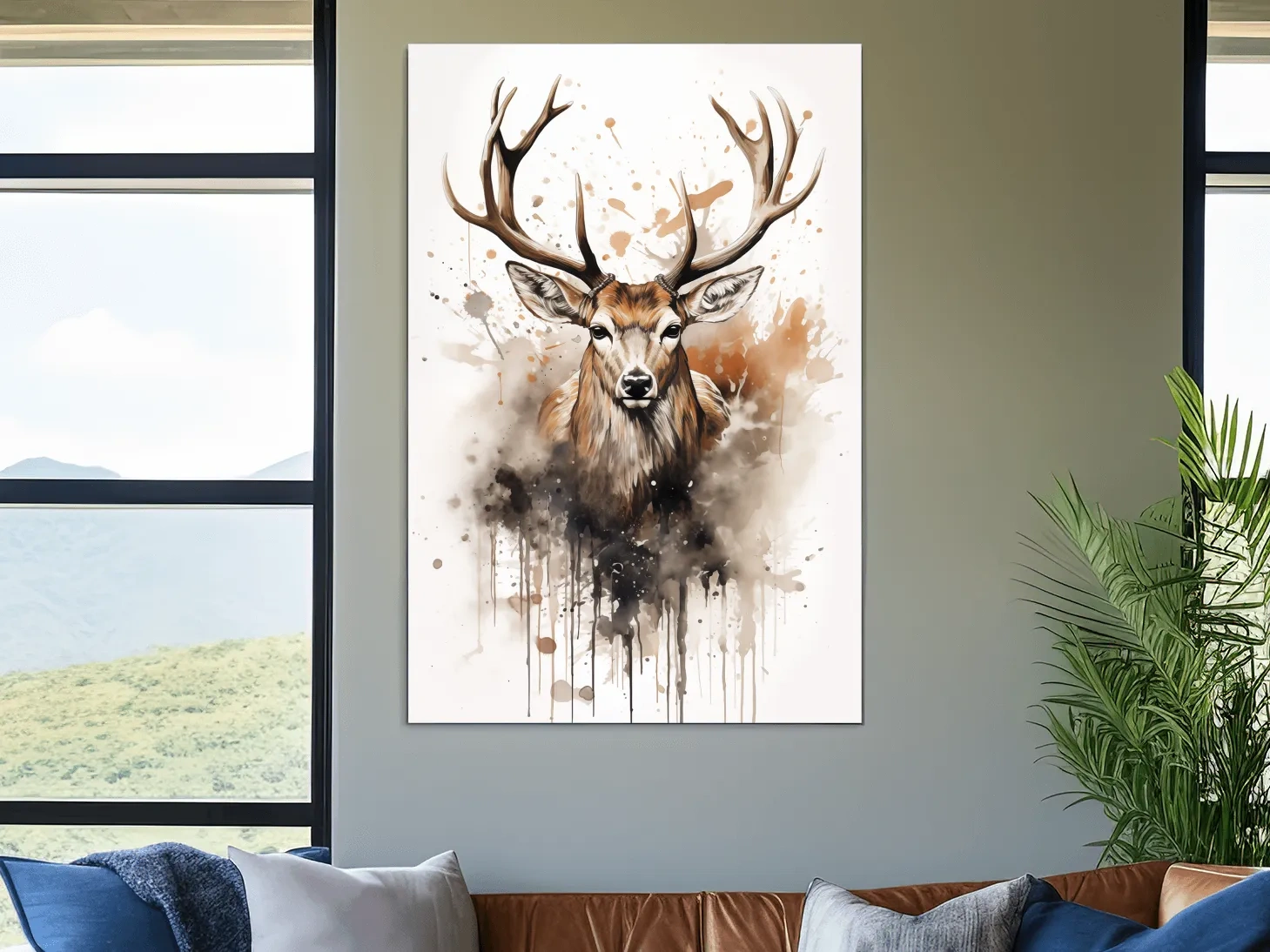 Majestic Stag Watercolor Splash Painting - Rustic Wildlife Wall Art