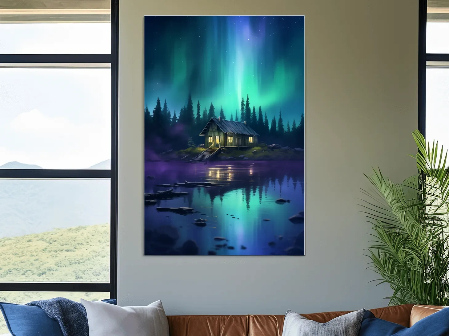 Vibrant Northern Lights Cabin Lake Painting - Aurora Borealis Night Wall Art