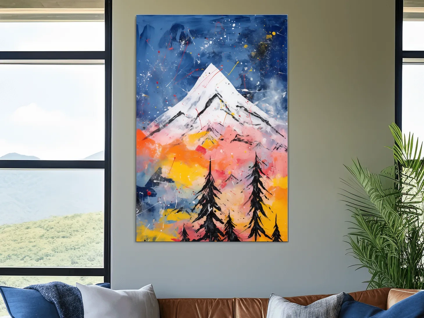 Vibrant Abstract Mountain Peak Sunset Painting - Colorful Acrylic Splash Forest Wall Art