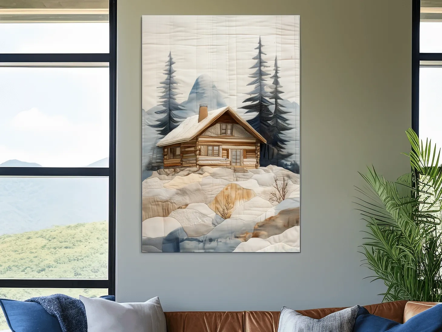 Rustic Winter Cabin In Snowy Pines - Textured Patchwork Fabric Effect Wall Art