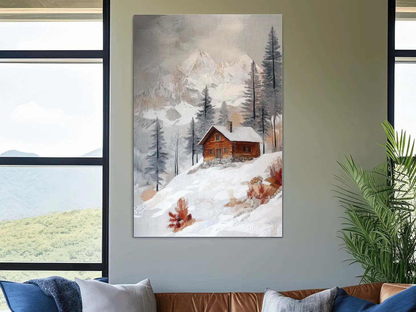 Snowy Mountain Cabin Landscape Painting - Rustic Winter Wilderness Wall Art