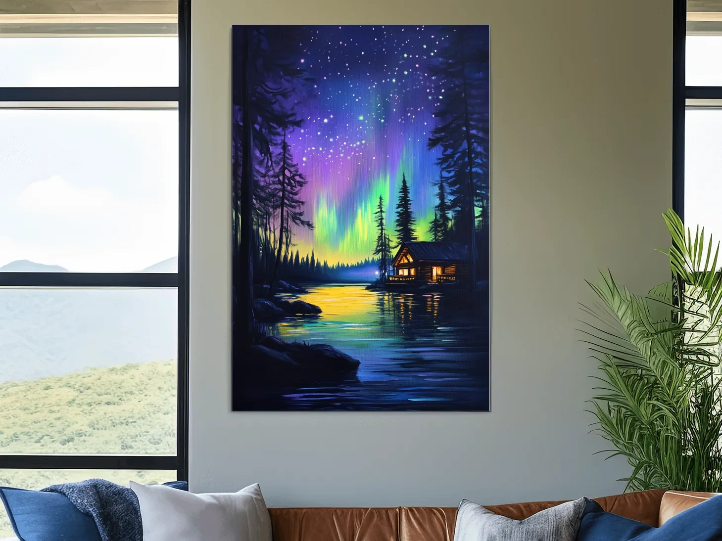 Vibrant Northern Lights Lakeside Cabin Painting - Aurora Borealis Night Landscape Wall Art