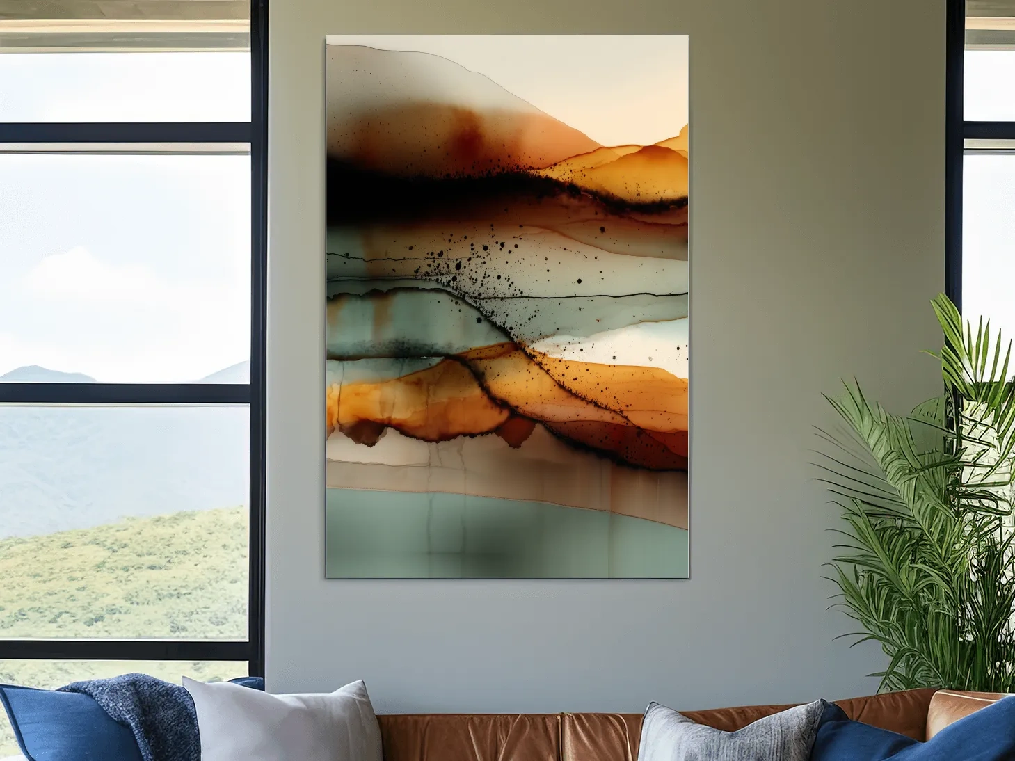 Earth Tone Ink Wash Mountain Landscape - Abstract Modern Wall Art