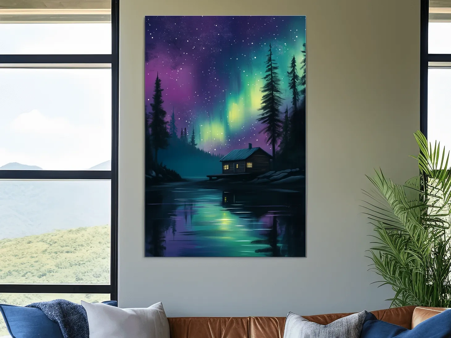 Aurora Borealis Lake Cabin Painting - Northern Lights Wall Art