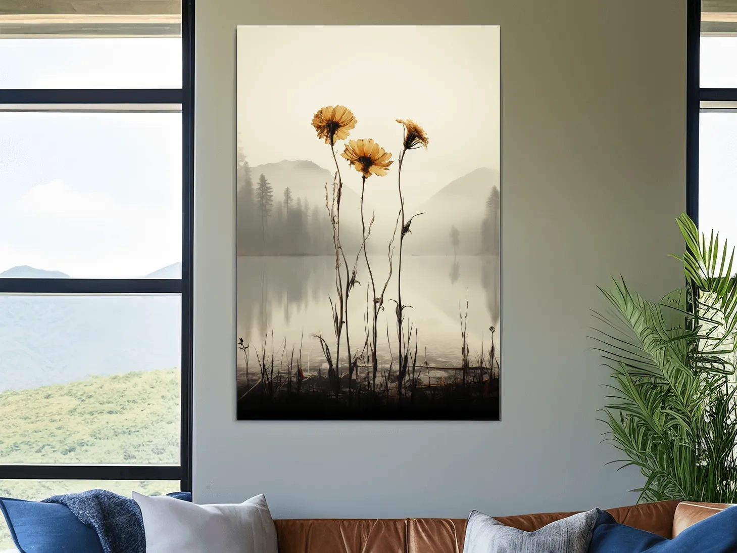 Wildflower Misty Lake Landscape - Minimalist Botanical Wall Art