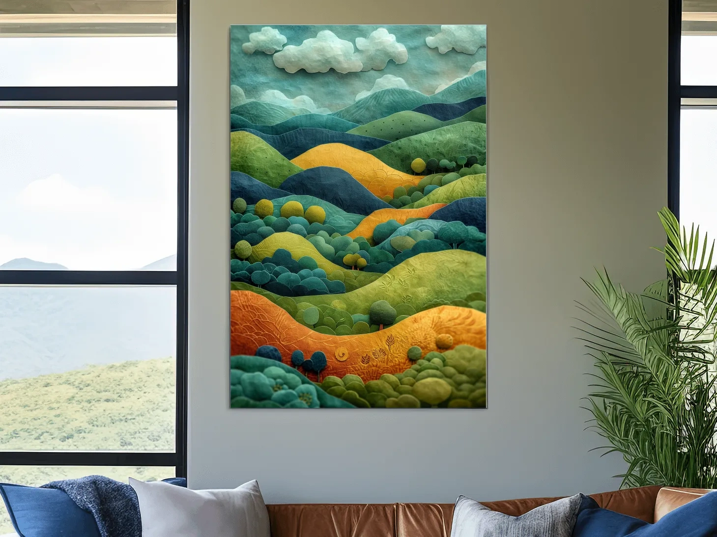 3D Layered Paper Cut Style Mountain Artwork - Whimsical Surreal Landscape Wall Art