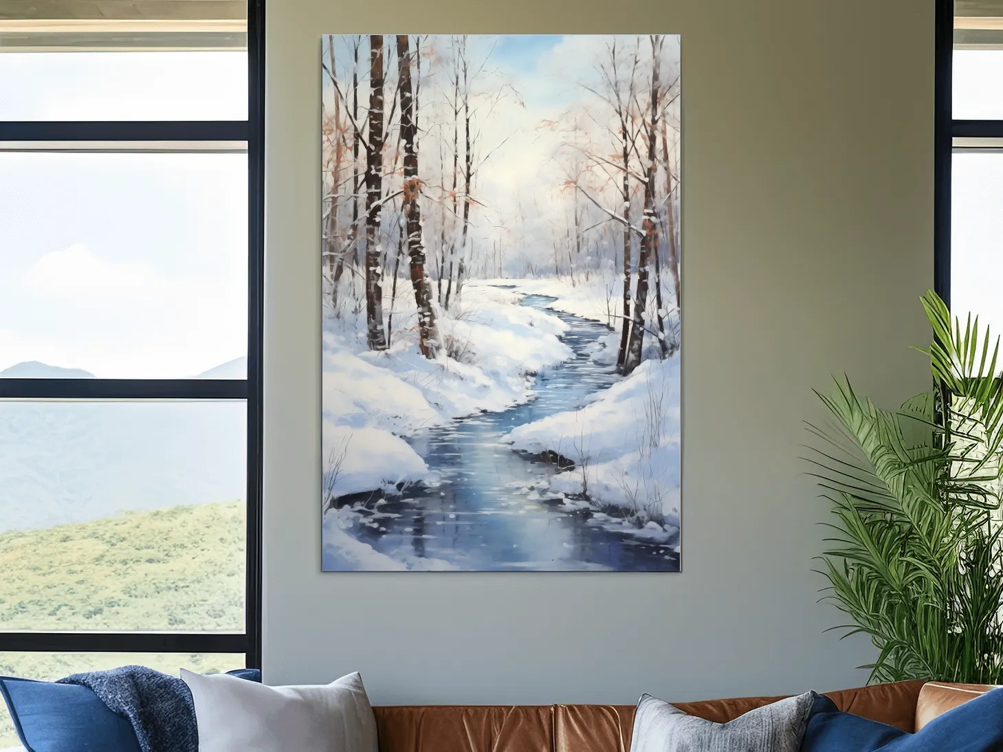 Serene Winter River Forest Painting - Snowy Woodland Wall Art