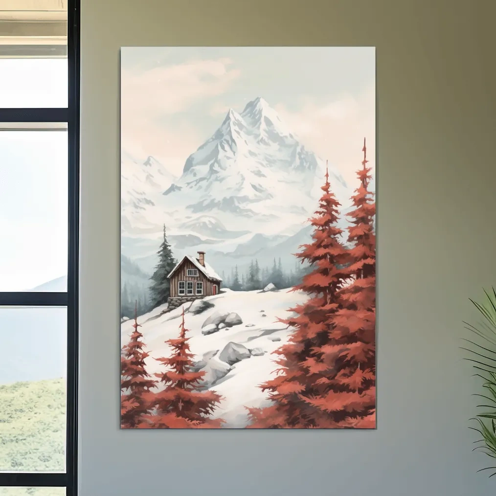 Painting of a snowy alpine scene, red fall leaves, an alpine cabin and glacier