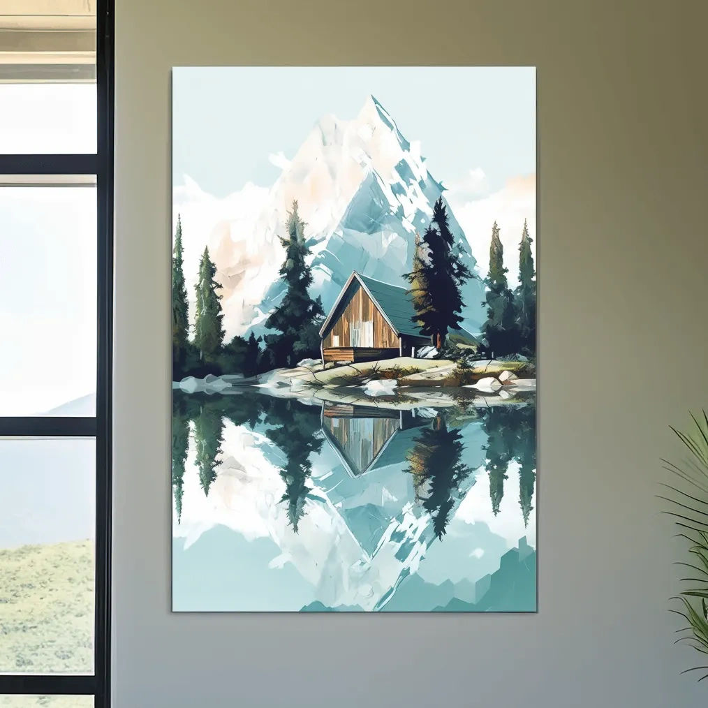 Serene Alpine Cabin Lake Painting - Mountain Landscape Wall Art