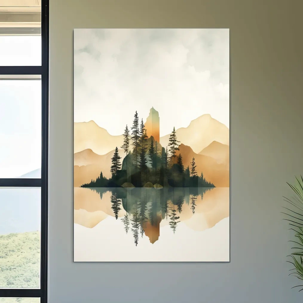 Minimal watercolour painting of alpine trees by a lake