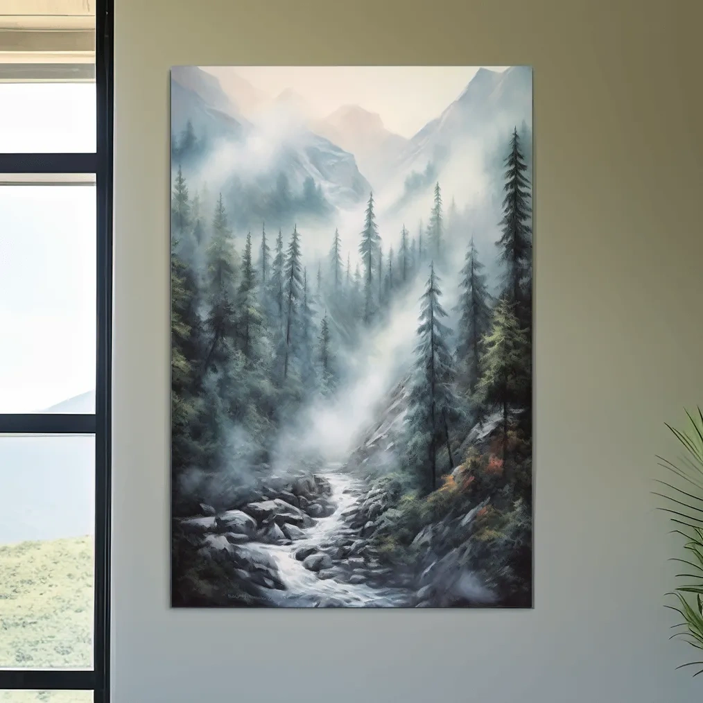 Painting of a foggy forest mountain and river scene